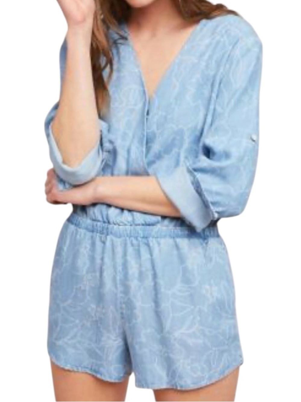 Anthropologie Cloth & Stone chambray floral print romper size Medium